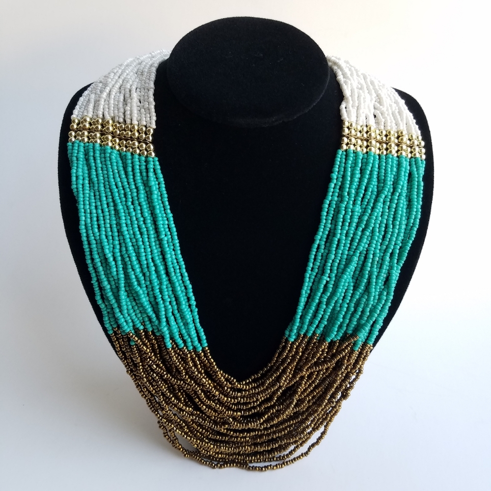 Turquoise multi strand beaded statement necklace seed bead